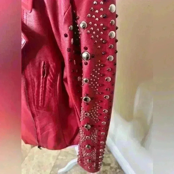 Red vegan faux lambskin studded jacket - Picture 3 of 3